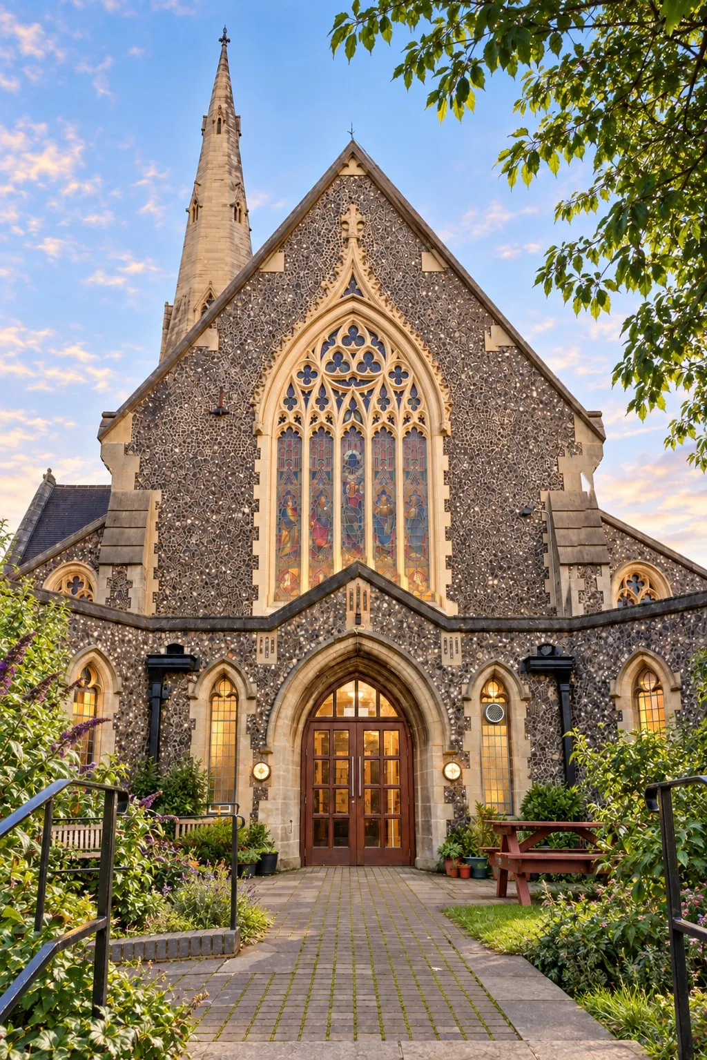 Cornerstone Community Centre framed by its garden, with the full spire, upright flint façade and stained-glass window