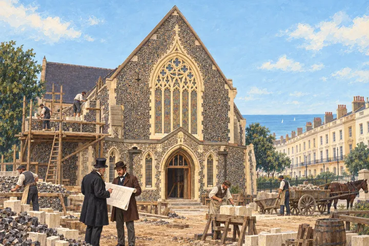 Interpretive illustration of the church being built in the growing Victorian neighbourhood during the 1850s