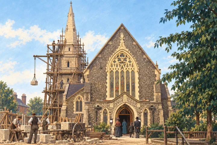 Interpretive illustration of builders raising the church tower and octagonal spire around 1870