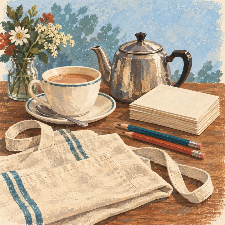 Illustrated still life of a teacup, teapot, volunteer apron and blank activity cards representing the early day centre