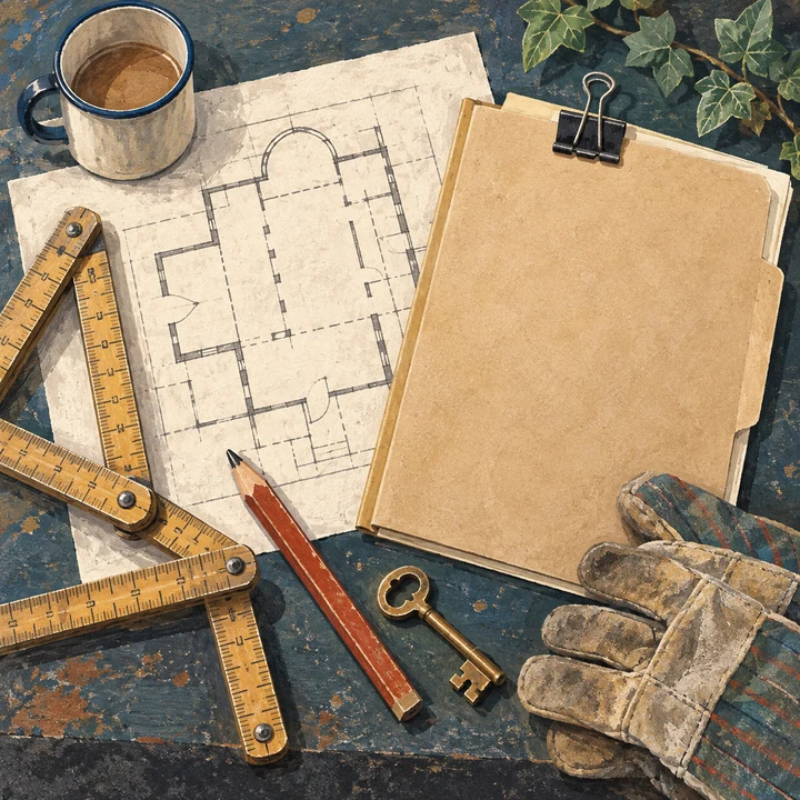 Illustrated still life of an architectural plan, ruler, pencil and key representing the planning of Cornerstone