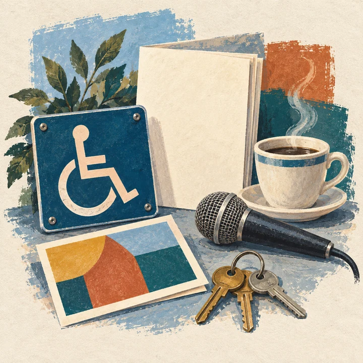 Illustrated still life of an accessibility symbol, programme cards and art materials representing improved access and community activity