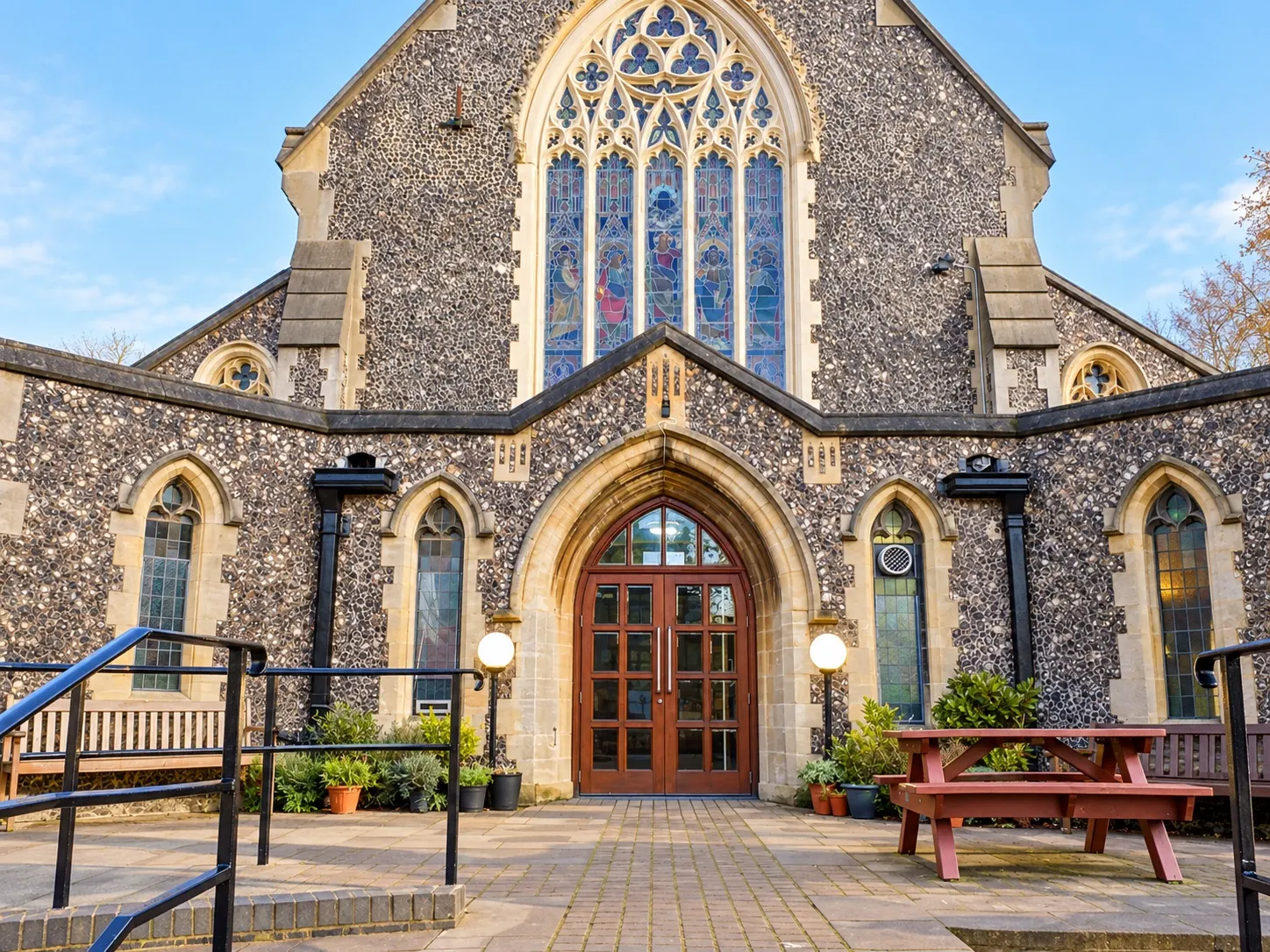 The unobstructed ramped approach, handrails and main entrance doors at Cornerstone Community Centre